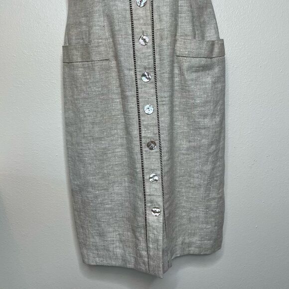 Vintage Marie St Claire Linen Button Front Neutral Tan Sheath Dress Women 12 - Picture 4 of 12